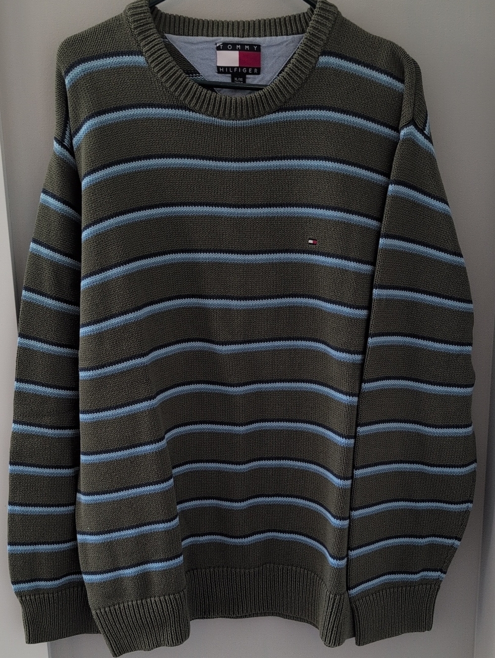 Tommy Hilfiger Olive & Light Blue Striped Crewneck Sweater